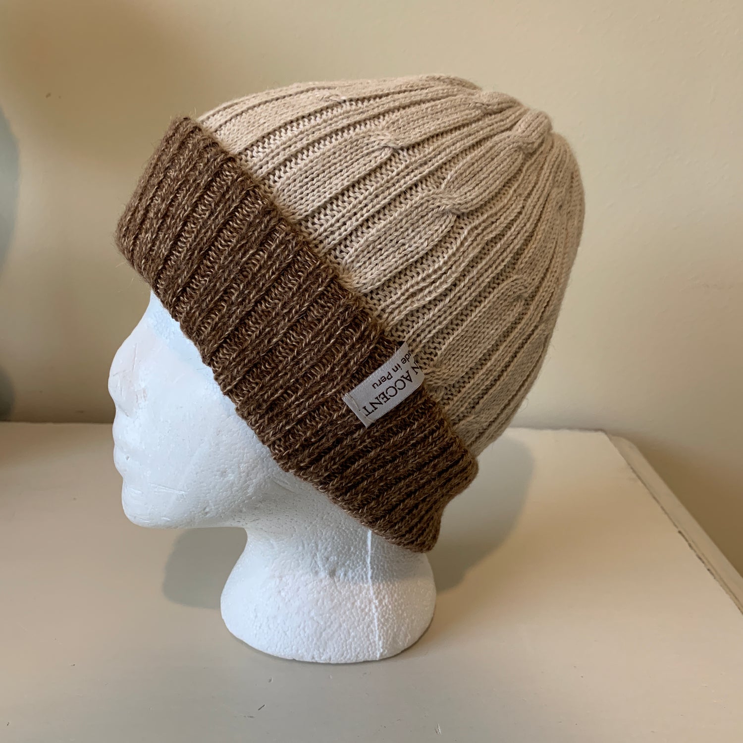 Reversible Alpaca Beanie. Beige with brown tweed and beige color. Made In Peru. - Peruvian Accent