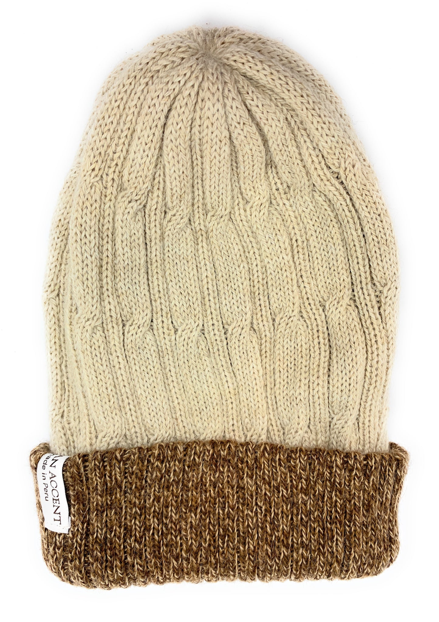 Reversible Alpaca Beanie. Beige with brown tweed and beige color. Made In Peru. - Peruvian Accent